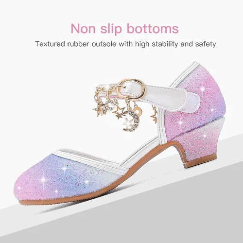 Vista 5 de Furdeour Sandalias para niñas con lazo brillante, zapatos de vestir de princesa con tacones altos de cristal, para fiestas, bodas, flores, zapatos