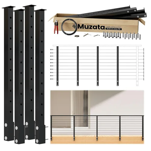 Vista 14 de Muzata Kit de barandilla de cable modular negro de 4 a 8 pies, kit de poste de 2 niveles de 36 pulgadas, sistema completo de barandilla de cable