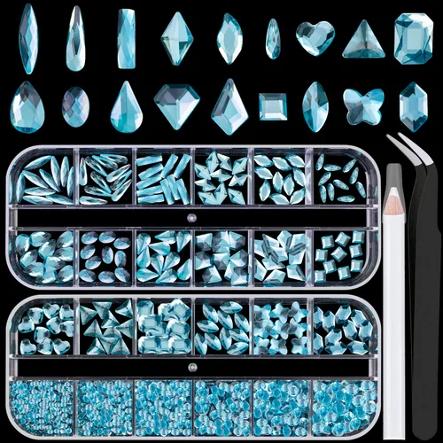 Vista 18 de Juego de 3440 piezas de cristales de vidrio transparente blanco y AB, en 6 tamaños con lápiz recogedor, pinzas para manicura con brillo iridiscente