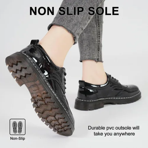 Vista 3 de Zapatos Oxford para mujer, cómodos zapatos de vestir antideslizantes de charol con cordones