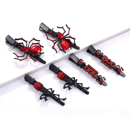 Vista 4 de 3 pares de pinzas para el cabello de Halloween, diseño gótico de araña, pico de pato para mujer, horquillas de esqueleto espeluznante, horquillas