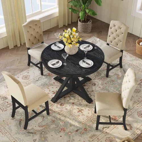 Vista 4 de Harper & Bright Designs TREXM - Juego de mesa de comedor de estilo retro funcional con mesa extensible y 4 sillas tapizadas para comedor y sala