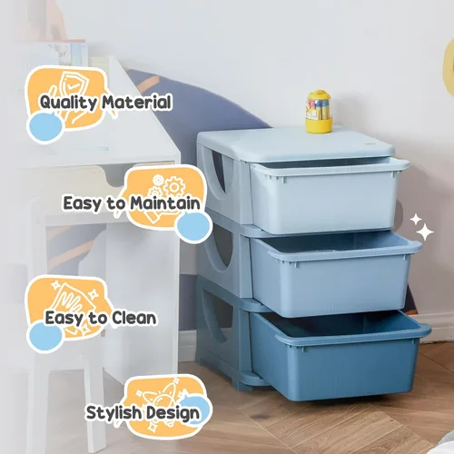 Vista 7 de Qaba - Unidad de almacenamiento para niños con 3 cajones, apilables, de 3 niveles, para dormitorio, guardería, sala de juegos, sala de estar, niños