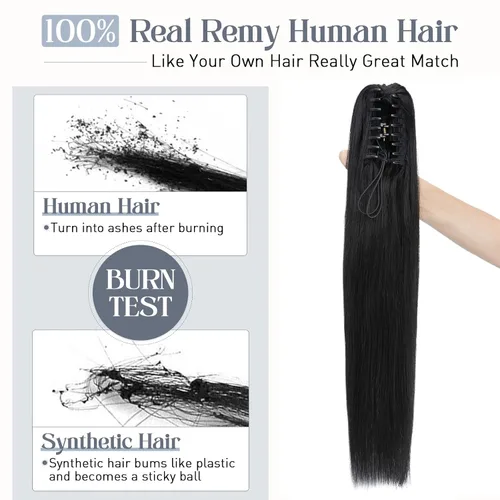 Vista 33 de Rich Choices Extensión de cola de caballo con clip de garra, cabello humano real, una pieza, extensiones de cabello largo Remy para mujer, #18P613
