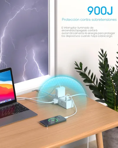 Vista 3 de One Beat Cable de extensión corto de 1 pie, regleta de alimentación de enchufe plano, protector de sobretensiones – 6 salidas amplias con 4 puertos