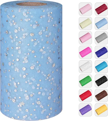 Vista 11 de Rollos de tul con purpurina, 6 pulgadas por 50 yardas (150 pies) de tela de malla de tul para faldas tutú, costura, cumpleaños, boda, decoración