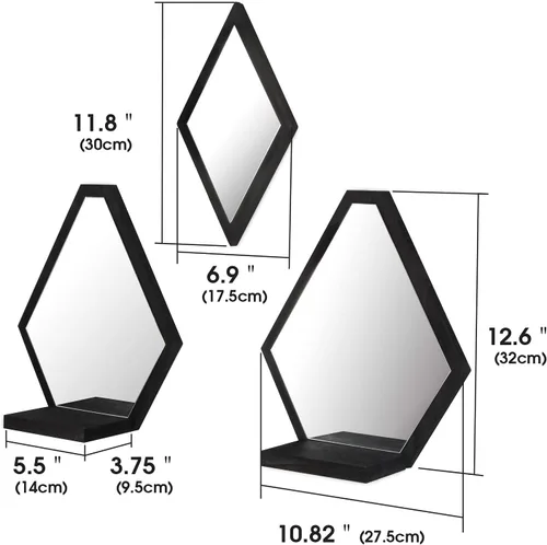 Vista 6 de JACKCUBE MK689A - Juego de 3 espejos decorativos de pared de madera rústica geométrica con estante para dormitorio, baño, sala de estar, cocina