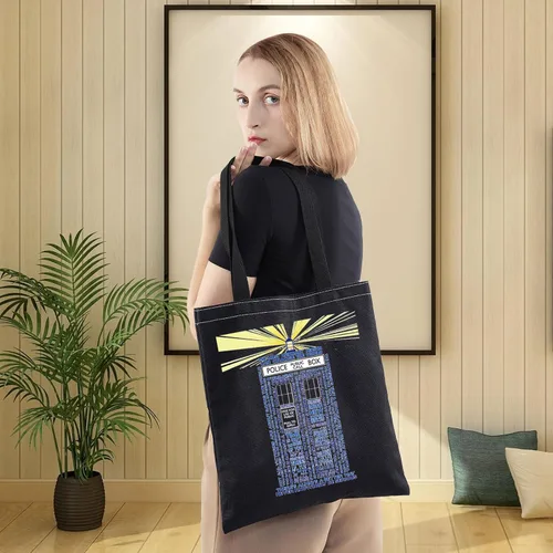 Vista 6 de LEVLO Dr Who Tote Bag Doctor TV Show Fans Regalo Policía Caja Tema Reutilizable Bolsa de Comestibles Caja de Policía Mercancía