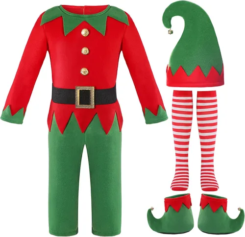 Vista 2 de Soyoekbt Disfraz de elfo navideño para niños, disfraz de elfo navideño