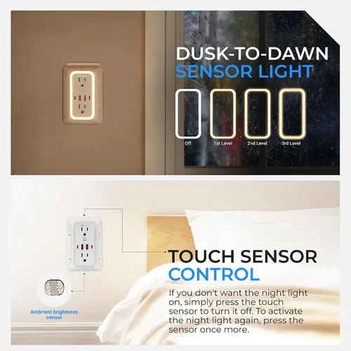 Vista 5 de Regletas de corriente para montaje en pared, cargador de pared, extensor de 6 enchufes, 4 puertos USB (5V, 2.4A, 12W) y luz nocturna, regleta