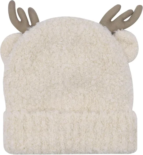 Vista 4 de MOSSTYUS Gorro de invierno con diseño de alce de reno cálido, gorro de punto de cornamenta de Navidad, gorro de calavera de esquí para mujeres