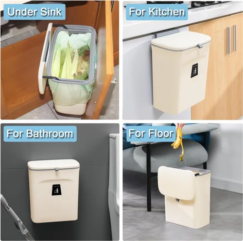 Vista 6 de Tiyafuro Cubo de compost de cocina de 2.4 galones para encimera o debajo del fregadero, cubo de basura pequeño colgante con tapa para armario, baño