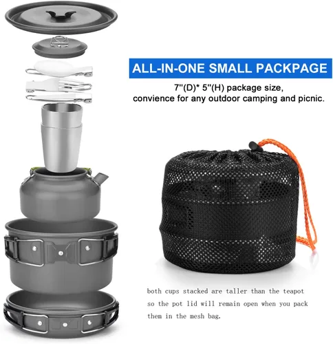 Vista 3 de Odoland Kit de utensilios de cocina para camping, olla ligera con 2 tazas, kit de cuchara de tenedor de acero inoxidable, gris para mochileros