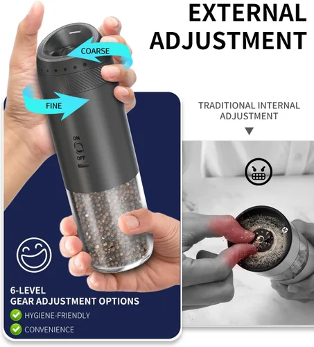 Vista 2 de CIRCLE JOY Juego de molinillo eléctrico recargable de sal y pimienta con base, molinos de pimienta automáticos con recipiente de 3.7 fl oz, grosor