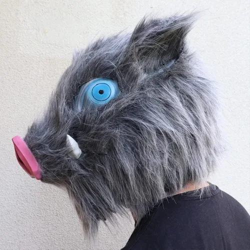 Vista 6 de Abilen Máscara de anime Demon Slayer para cosplay, accesorios de Hashibira Inosuke, cabeza de cerdo, casco de felpa, fiesta, Halloween, regalo
