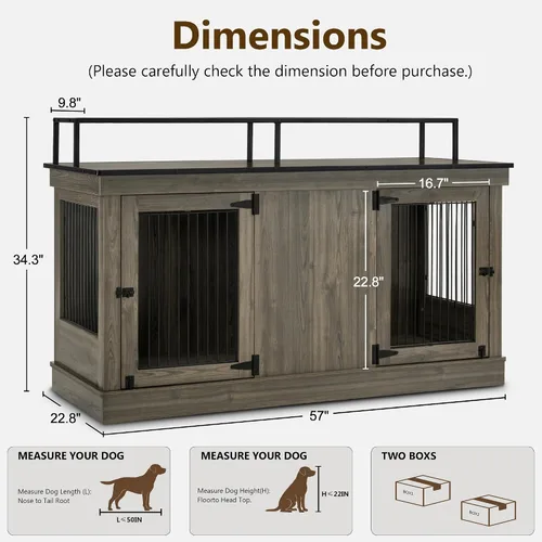 Vista 3 de MCombo Jaula de madera para perros de 57 pulgadas, soporte de TV de madera para 2 perros medianos, jaula grande con 2 puertas, mesa auxiliar