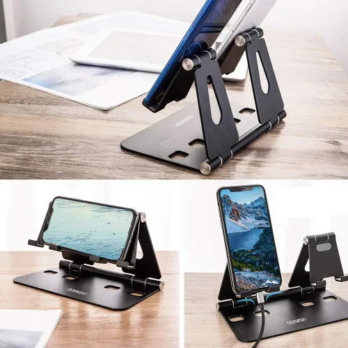 Vista 7 de aceyoon Soporte ajustable para tableta, soporte para iPad/teléfono celular para escritorio, soporte de aleación de aluminio para 2 teléfonos o una