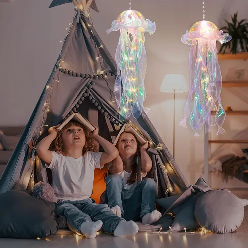 Vista 5 de Medusa iridiscente con purpurina para colgar, kit de medusas azules y moradas para decoración de fiesta de sirenita bajo el mar, decoración