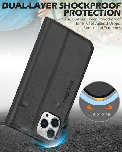 Vista 6 de SHIELDON Funda para iPhone 13 Pro Max 5G, Funda de Cartera de Cuero Genuino Magnética Folio a Prueba de Golpes con Soporte Kickstand Portador