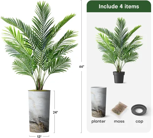 Vista 3 de Árbol artificial en macetero con efecto de granito moderno, palmera tropical areca artificial de seda para decoración del hogar en interiores