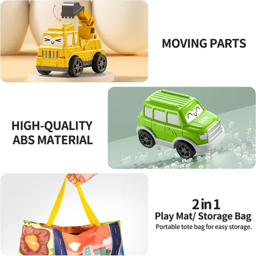 Vista 6 de TEMI - Juguetes de coches tirados para niños pequeños de 1, 2, 3 años para niños y niñas, 12 piezas de juguetes de coches para bebés con alfombrilla