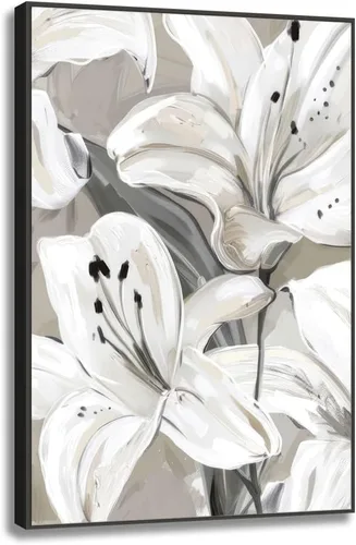 Vista 25 de Cuadro de flores para sala de estar, arte de pared floral azul y blanco sobre lienzo con detalles dorados para decoración de dormitorio gris, 32 x