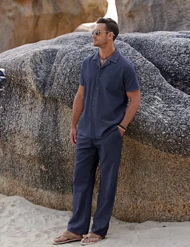 Vista 4 de COOFANDY Conjunto de 2 piezas de lino para hombre, camisa con botones y pantalones sueltos casuales