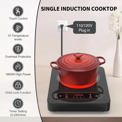 Vista 4 de VBGK - Cocina eléctrica de un solo quemador, estufa eléctrica de 110 V y 1800 W con control táctil LED, 10 niveles de potencia, temporizador de 4 h