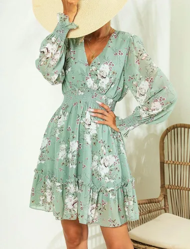 Vista 2 de Prettywear Vestido corto de gasa floral de manga larga para mujer, con vuelo, acampanado, cuello cruzado, lazo en la espalda