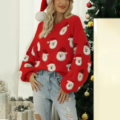 Vista 2 de iLH Suéter de Navidad para mujer, lindo suéter de punto con cuello redondo y diseño de Papá Noel
