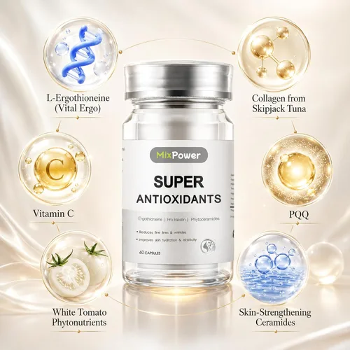 Vista 4 de MixPower L-Ergotioneina (50 mg) - Cápsulas iluminadoras y antioxidantes de la piel con tomate blanco, colágeno y ceramida para hidratación