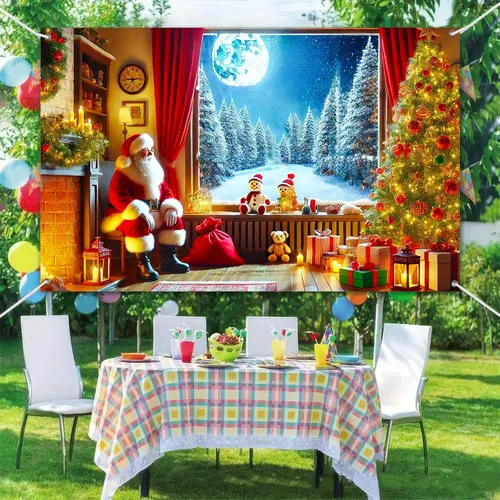 Vista 6 de BlissYard Pancarta Navideña para Ventana 71x43 Pulgadas Telón de Fondo de Noche Nevada con Chimenea de Santa, Árbol, Regalos, Farol, Cortina Roja