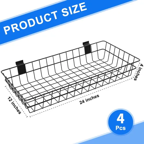 Vista 3 de Paquete de 4 cestas de pared de listones extra grandes, 24 x 12 x 4 pulgadas, cesta de alambre colgante para pared de PVC con listones de metal