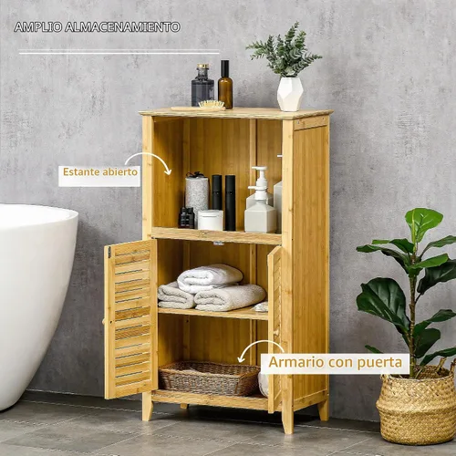 Vista 5 de HOMCOM Mueble de baño de bambú con estantes y puertas, natural