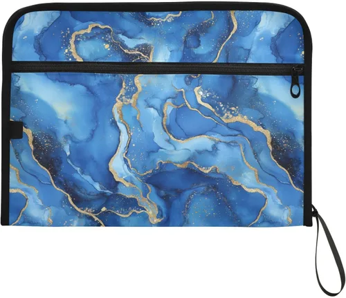 Vista 7 de Carpeta de archivos expandible repelente al agua de mármol azul con 13 bolsillos, organizador de acordeón con bolsillo frontal con cremallera