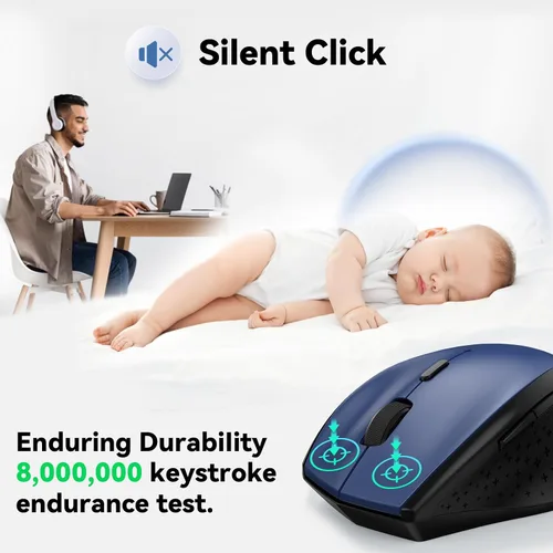 Vista 2 de TECKNET Mouse inalámbrico, mouse USB de 2.4 G con 6 niveles ajustables 3200 DPI, batería de 30 meses, empuñaduras ergonómicas, 6 botones portátiles