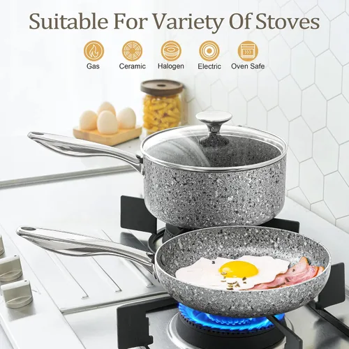 Vista 4 de MICHELANGELO Stone - Juego de utensilios de cocina de 10 piezas, ollas y sartenes ultra antiadherentes con revestimiento derivado de piedra