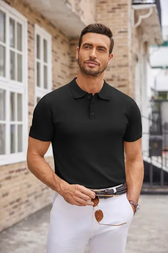 Vista 4 de COOFANDY Polo de punto para hombre, estilo casual, manga corta, con botones, camisa de golf clásica