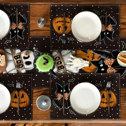 Vista 4 de Artoid Mode Juego de 6 manteles individuales de Halloween, diseño de lunares, fantasma, calabaza, gato, Boo, Halloween, 12 x 18 pulgadas