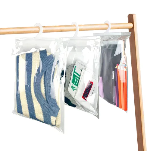 Vista 2 de Bolsas de almacenamiento colgantes con percha, bolsas de plástico transparente grandes con gancho de 13 x 11 pulgadas, bolsa para libros, kit