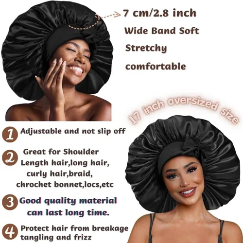 Vista 3 de Gorro de satén de seda para dormir el cabello: gorro de noche ajustable para mujer, tamaño gigante, banda ancha cómoda para trenzas de cabello largo