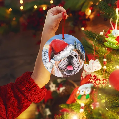 Vista 6 de Adorno de Bulldog Inglés para la Primera Navidad 2023, adorno para árbol de Navidad, decoración de árbol de Navidad de Papá Noel, adorno colgante
