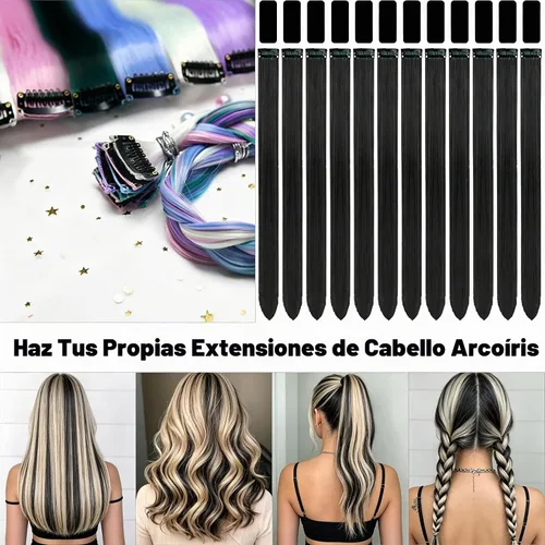 Vista 2 de 12 extensiones de cabello negro con clip para mujeres adolescentes 12 piezas - negro