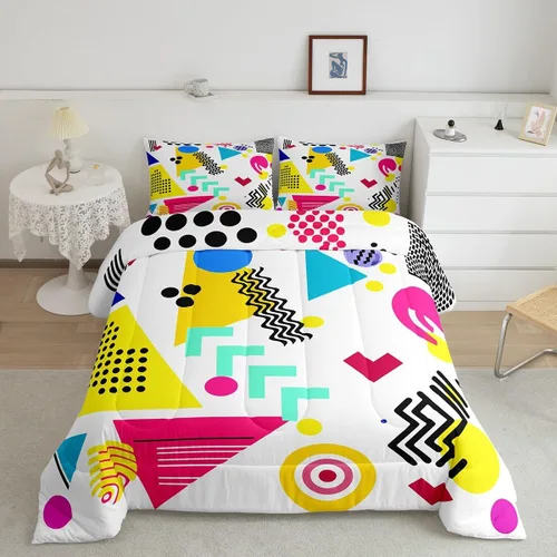Vista 20 de Juego de edredón de estilo retro de los años 80, juego de ropa de cama de patrón geométrico abstracto, diseño urbano moderno con círculos