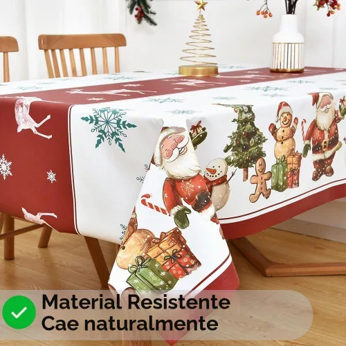 Vista 4 de Mantel de Navidad de vinilo resistente rojo de 54x54 pulgadas, mantel rectangular de Navidad, mantel de PVC reutilizable, impermeable, plegable