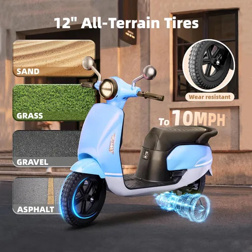 Vista 5 de Bicicleta eléctrica de 24 V para niños, velocidad de hasta 10 MPH, scooter Azul