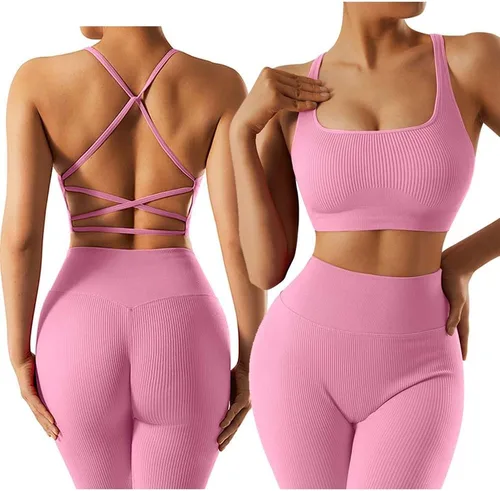 Vista 2 de OMKAGI Conjunto de entrenamiento acanalado para mujer, sin costuras, brasier deportivo con tiras y levantamiento de glúteos