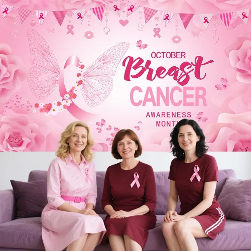 Vista 3 de AIBIIN Fondo de concientización sobre el cáncer de mama de 7 x 5 pies para fotografía sobre el cáncer de mama, decoraciones de fiesta, pancarta