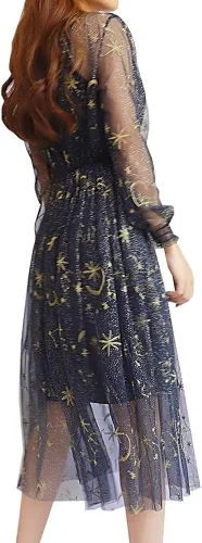 Vista 2 de Women Summer Chiffon Dress Stars Moon Print Embroidered Skirt Long Puff Sleeve Princess Dress