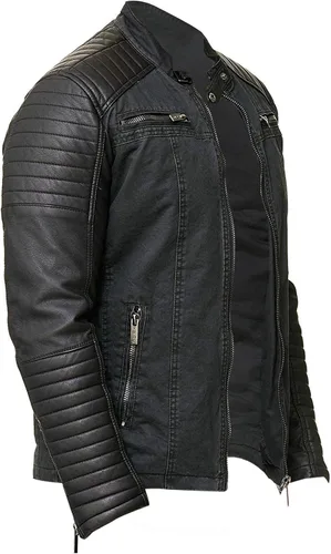 Vista 2 de Cafe Racer - Chaqueta de motociclista de algodón informal de piel sintética acolchada para hombre
